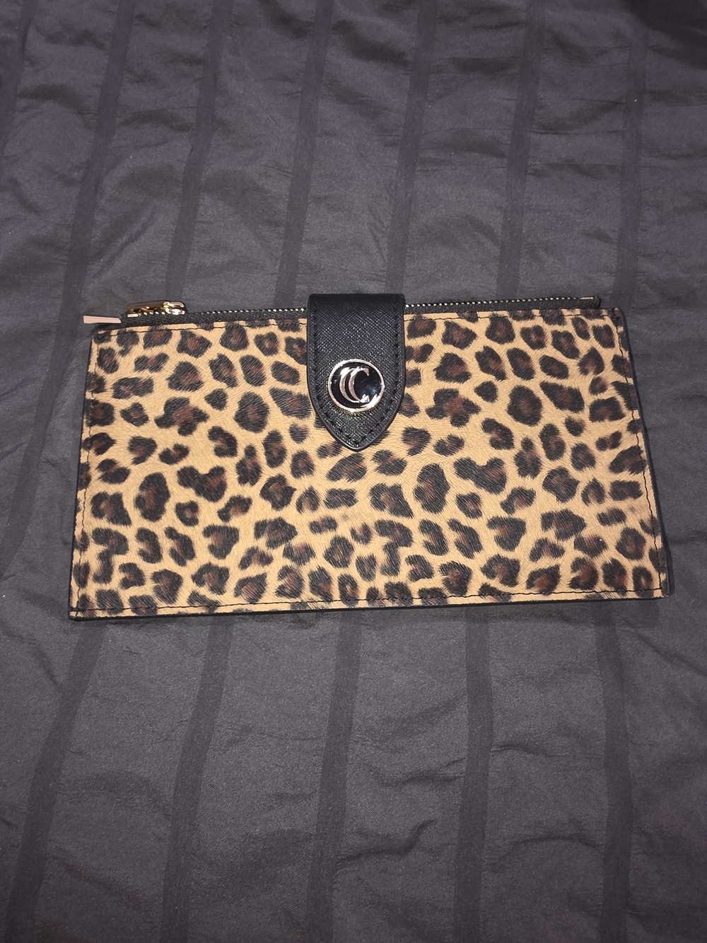 Leopard Print Zip Clutch Wallet with Black Tab